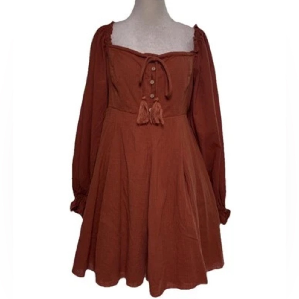 Boho Cottagecore Festival Peasant Dress Long Sleeve Smocked Back 100% Cotton